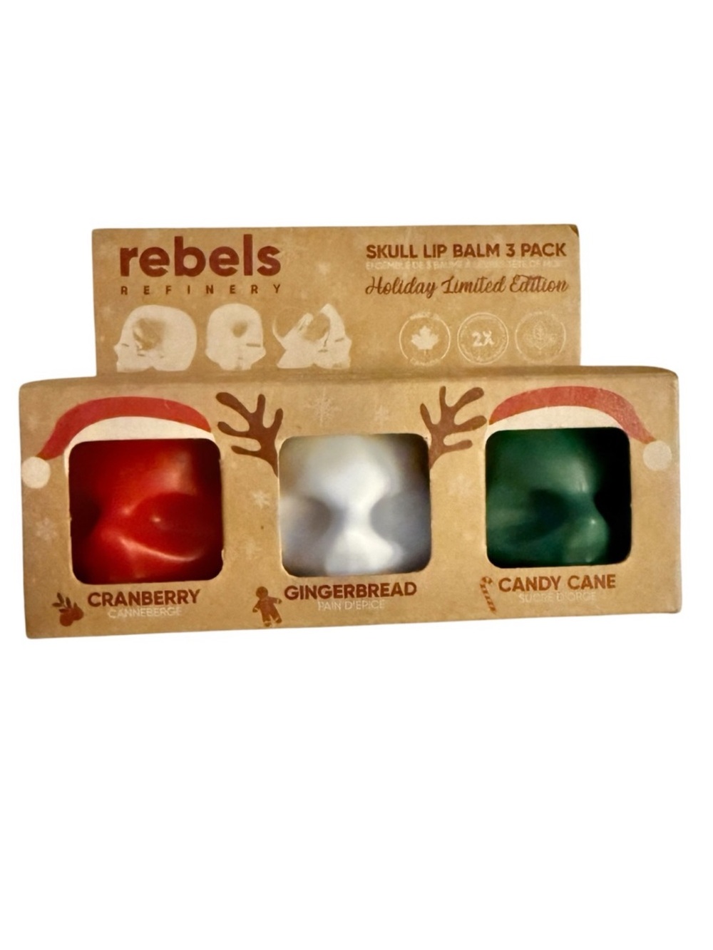 REBELS REFINERY New Skull Lip Balms 3 Pack Cranberry Gingerbread Candy Cane